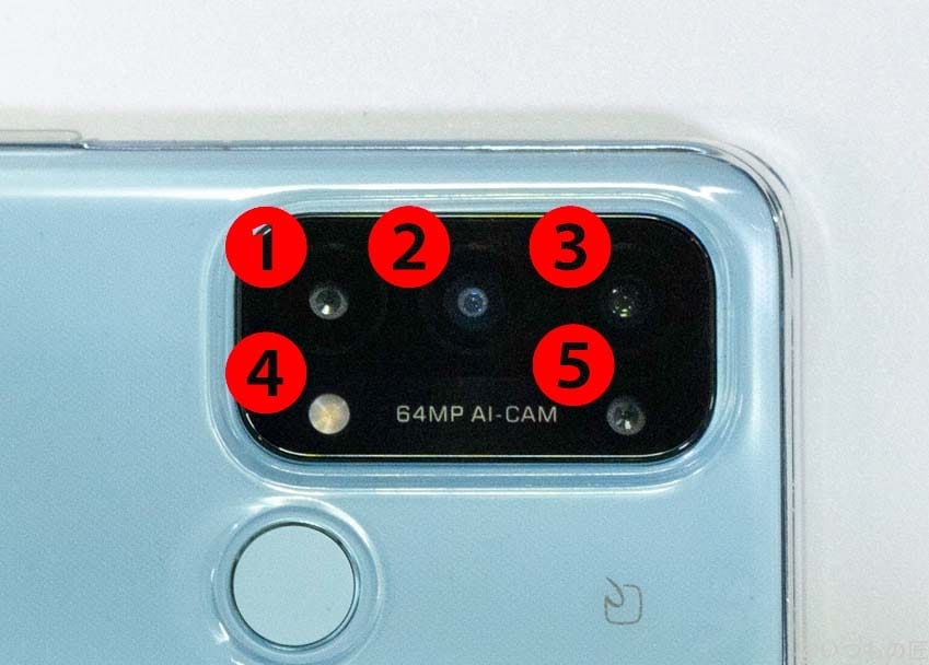 OPPO Reno5A カメラ位置で左上から1、2、3，下の段は4，5 です。