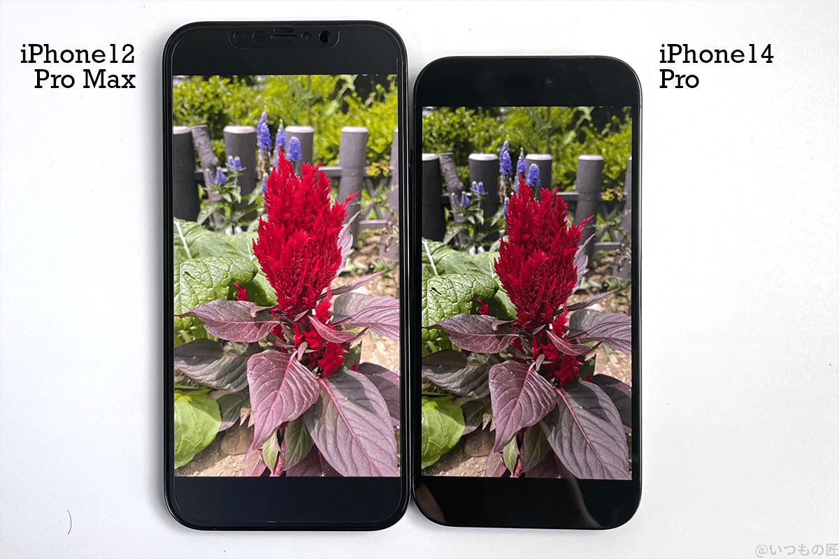 iPhone14 Pro実機レビュー!メリット・デメリットを徹底調査 50 iPhone12 Pro MaxとiPhone14 Proの室内での表示状態