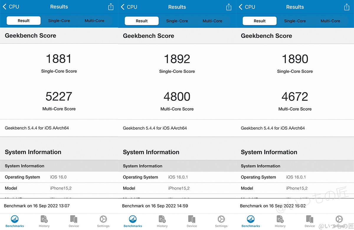 iPhone14 Pro実機レビュー!メリット・デメリットを徹底調査 54 Geekbench 5の3回の実行結果