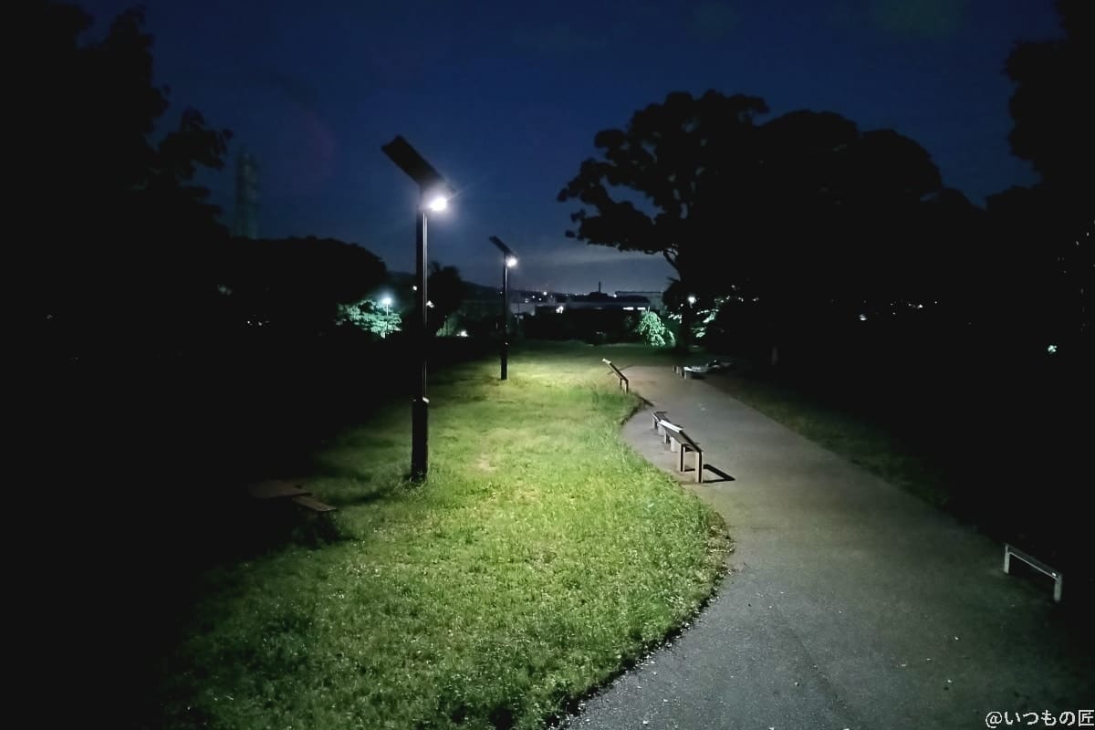 夜の公園をナイトモードで撮影した写真。