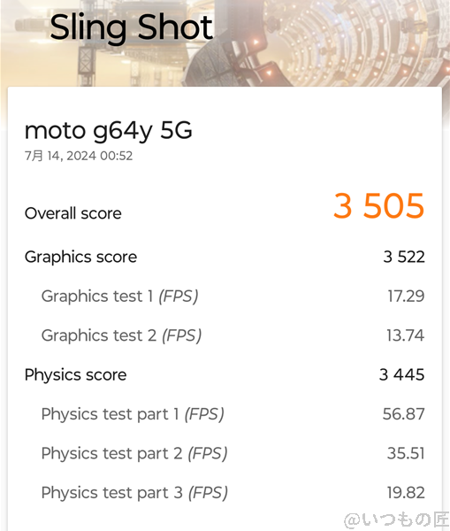 moto-g64-5g ベンチマーク 3D Mark Sling Shotのスコア
