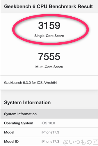 iPhone16 /16 Plusの処理性能を徹底検証! AnTuTuベンチマークスコアほか2アプリで測定 20 iPhone 16 ベンチマーク Antutu Geekbench 6 CPUBenchmark 計測結果 Single-Coreの最高値