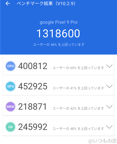 pixel9pro-antutu-cool | モバイル比較レビュー.jp Google Pixel 9 Pro ベンチマーク Antutu AnTuTu Benchmark V10 計測結果(冷却時)