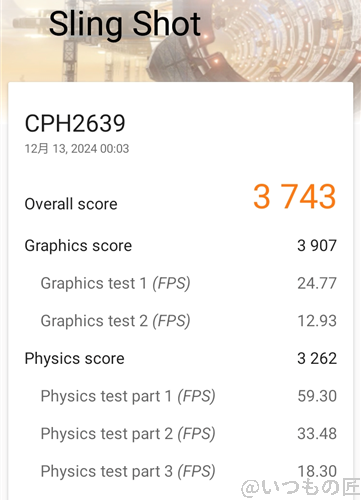 OPPO A3 5G ベンチマーク 3D MarkのSling Shotのスコア