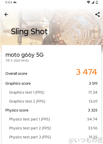 moto g66y 5g 3d markによるslingshotのベンチマークの最高スコア | モバイル比較レビュー.jp moto g66y 5G 3D MarkによるSlingShotのベンチマークの最高スコア