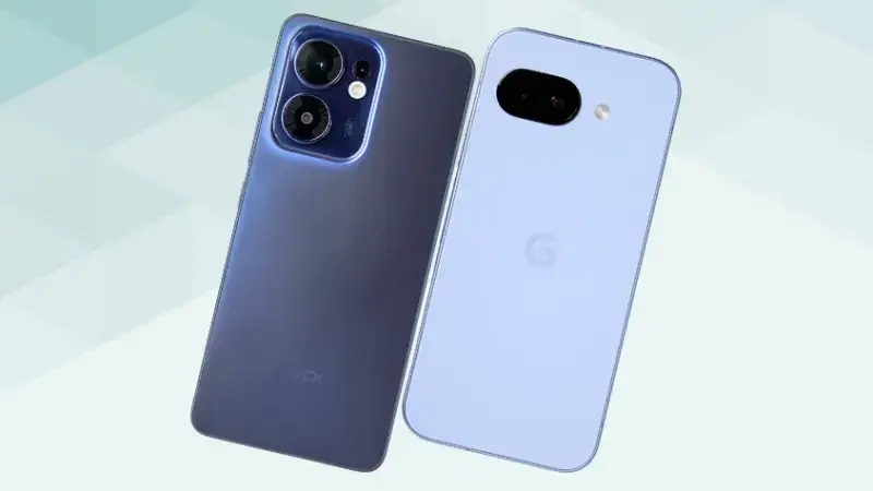 OPPO Reno13 AとGoogle Pixel 9aの比較 背面デザイン 斜め