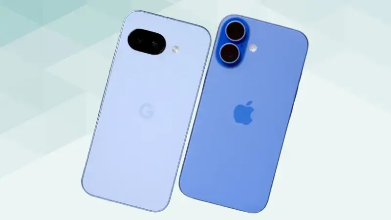 google pixel 9aとiphone16の比較 背面デザイン 斜め イメージ画像 | モバイル比較レビュー.jp Google Pixel 9aとiPhone16の比較 背面デザイン 斜め
