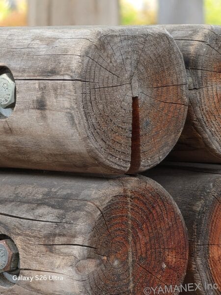 Galaxy S26 Ultra カメラ 丸太の年輪をズーム撮影