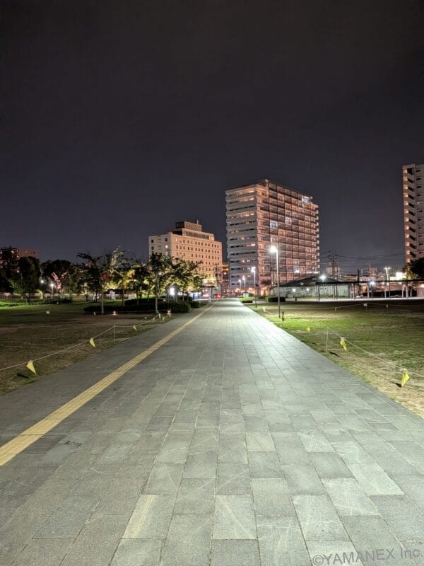 Google Pixel 10a カメラ 夜の公園にある舗装された歩道の風景
