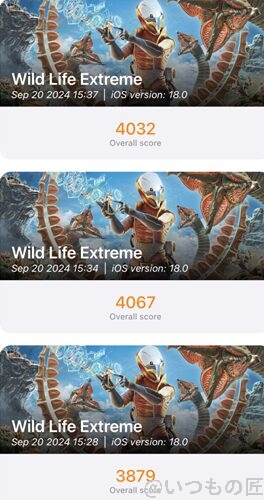 iPhone16 /16 Plusの処理性能を徹底検証! AnTuTuベンチマークスコアほか2アプリで測定 28 iPhone16 AnTuTu ベンチマーク 3D MarkのWild Life Extremeのスコア