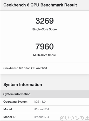 iPhone16 /16 Plusの処理性能を徹底検証! AnTuTuベンチマークスコアほか2アプリで測定 22 iPhone16 Plus ベンチマーク Antutu Geekbench 6 CPUBenchmark 計測結果