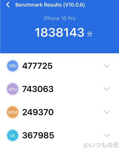 iPhone16 Pro /16 Pro Max AnTuTuベンチマークスコアほか2アプリの測定結果を公開 8 iPhone16 Pro ベンチマーク Antutu AnTuTu Benchmark V10 計測結果(冷却時)